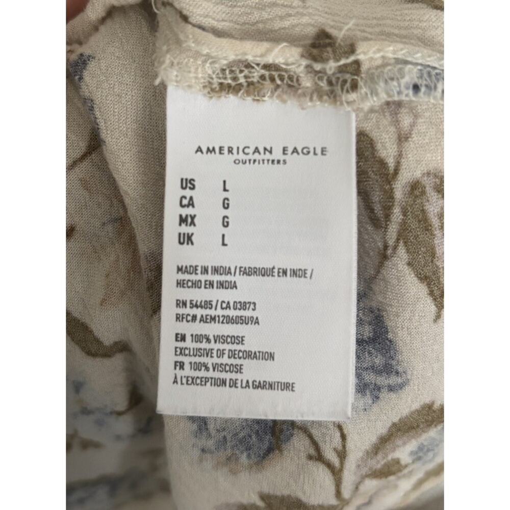 American Eagle Tunic Blouse Floral Size Large Cream Blue Viscose V Neck - Picture 7 of 8